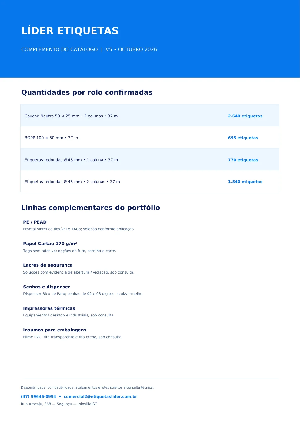Complemento V5 do catálogo, com medidas corrigidas e novos produtos